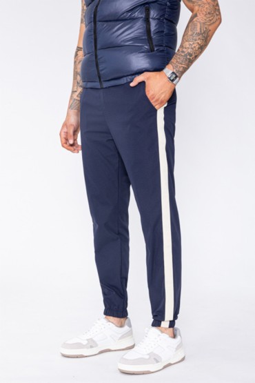 Pantaloni bleumarin cu dunga alba, snur in talie si elastic la glezne  - 3