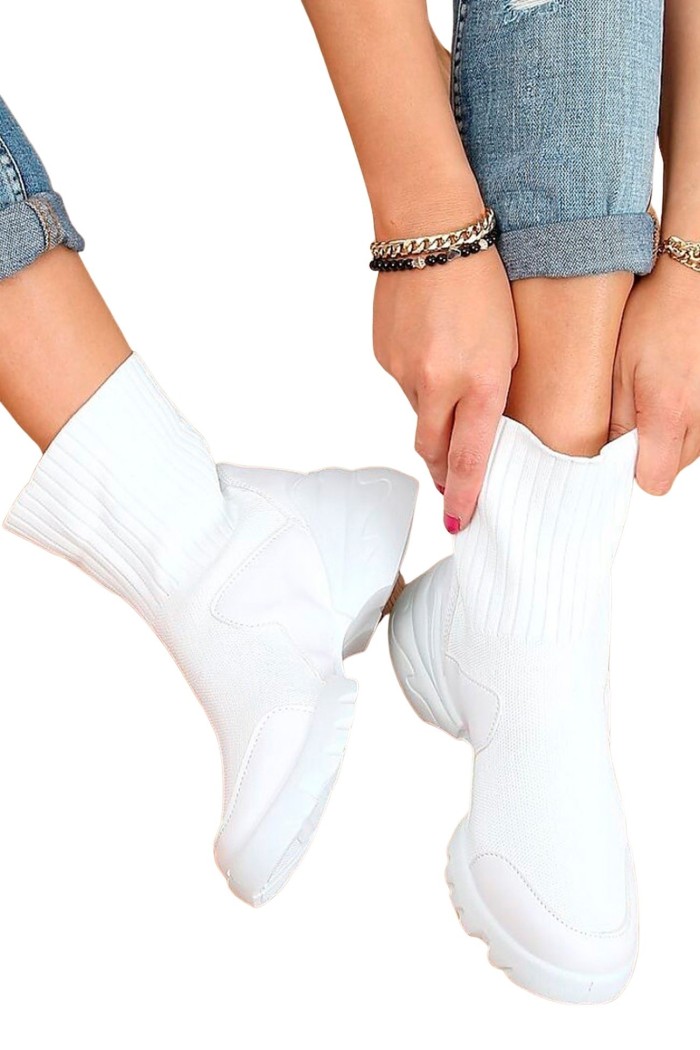 Sneakers albi inalti din material textil si talpa groasa  - 5