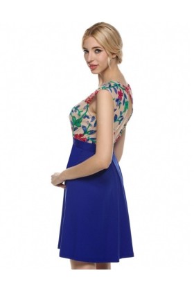 Rochie albastra cu plasa nude si broderie florala  - 2