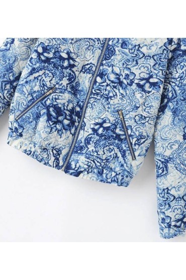 Bomber jacket alba cu imprimeu floral albastru  - 5