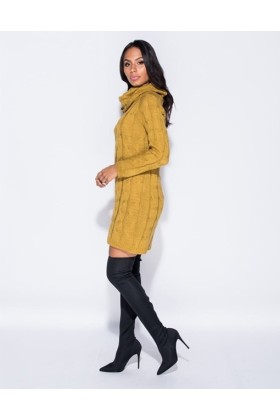 Rochie galben mustar tricotata cu maneci lungi si guler inalt  - 4