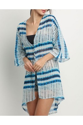 Kimono de plaja alb cu imprimeu albastru  - 5