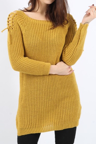 Pulover tricotat de culoare mustar cu impletituri pe umeri  - 1