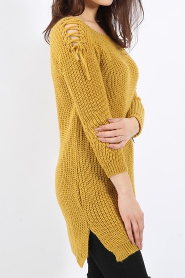 Pulover tricotat de culoare mustar cu impletituri pe umeri  - 2