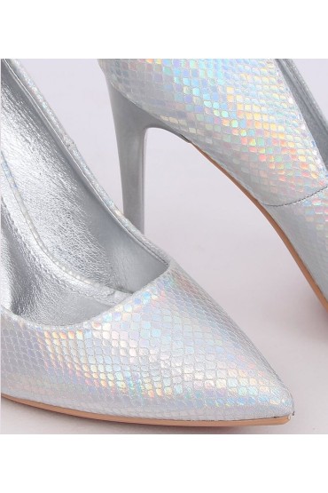 Pantofi cu toc, argintiu cameleon din imitatie piele de sarpe  - 2