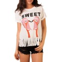 Tricou alb cu franjuri si imprimeu cu flamingo  - 1