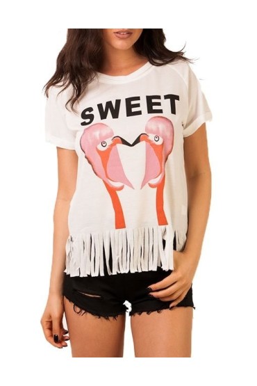 Tricou alb cu franjuri si imprimeu cu flamingo  - 1