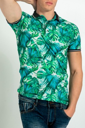 Tricou stil polo cu imprimeu colorat verde  - 1