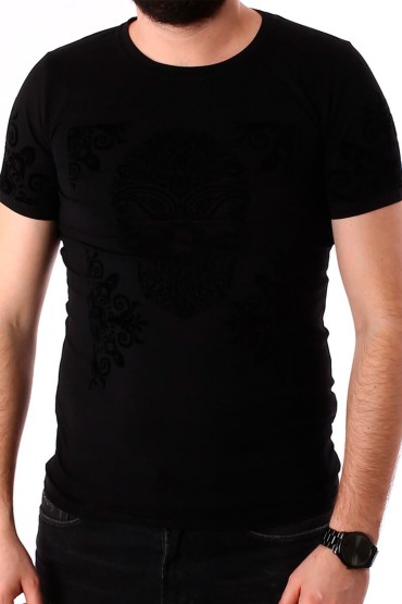 Tricou negru cu broderie neagra din catifea, craniu si flori BerryDenim - 1