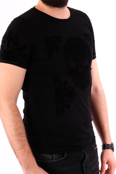 Tricou negru cu broderie neagra din catifea, craniu si flori BerryDenim - 2