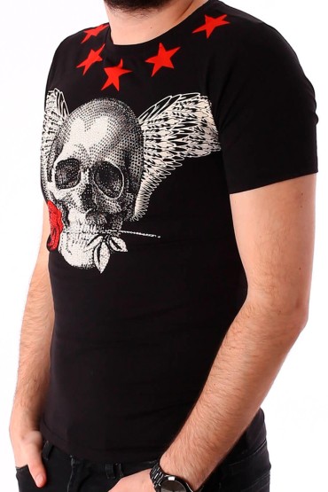 Tricou negru cu imprimeu craniu si stele albe BerryDenim - 2