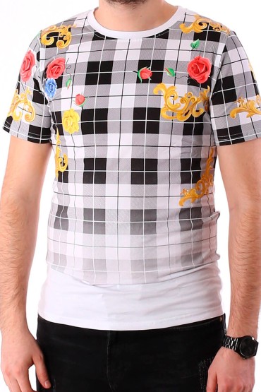 Tricou alb cu imprimeu flori colorate si carouri negre BerryDenim - 1