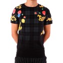 Tricou negru cu imprimeu flori colorate si carouri gri BerryDenim - 1
