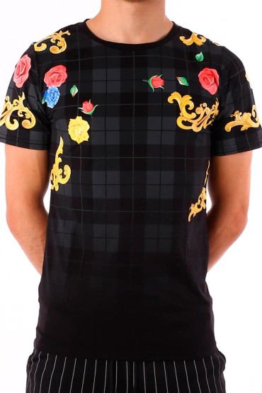 Tricou negru cu imprimeu flori colorate si carouri gri BerryDenim - 1