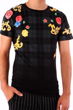 Tricou negru cu imprimeu flori colorate si carouri gri BerryDenim - 3