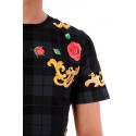 Tricou negru cu imprimeu flori colorate si carouri gri BerryDenim - 2