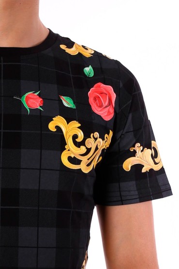 Tricou negru cu imprimeu flori colorate si carouri gri BerryDenim - 2