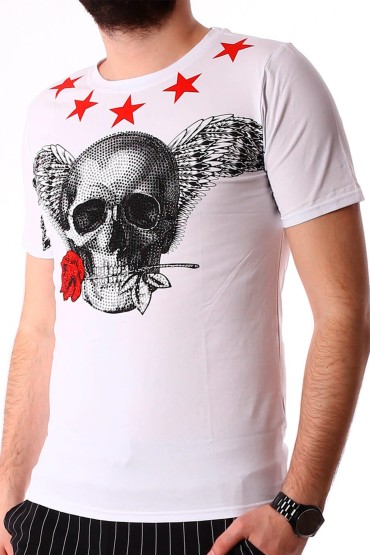 Tricou alb cu imprimeu craniu si stele rosii BerryDenim - 3