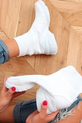 Sneakers albi inalti din material textil si talpa groasa  - 2