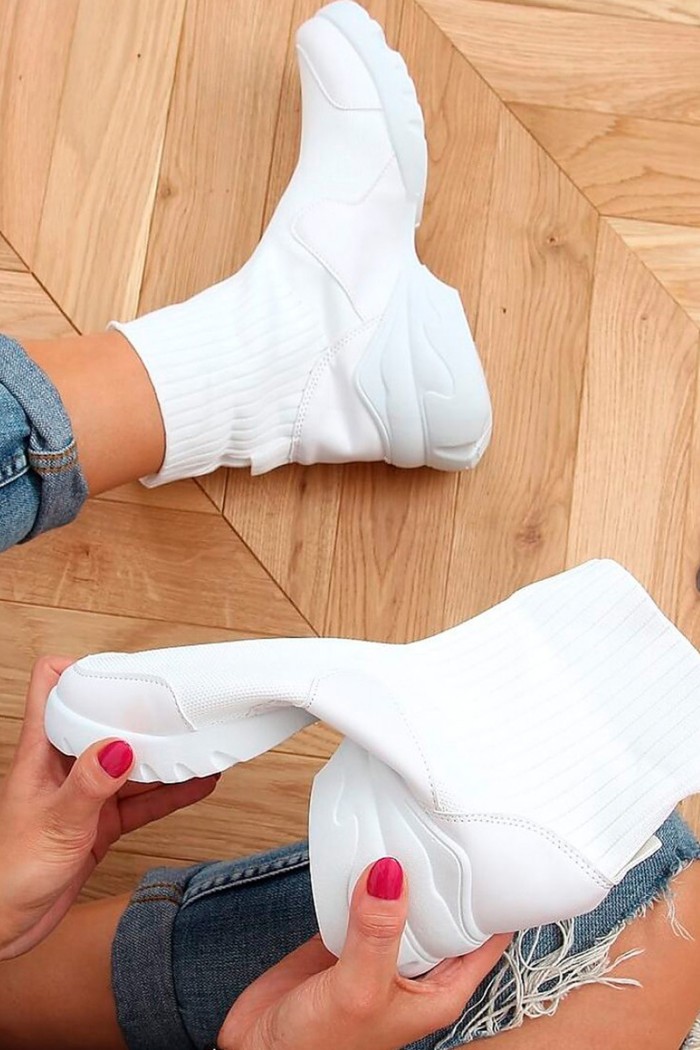 Sneakers albi inalti din material textil si talpa groasa  - 2