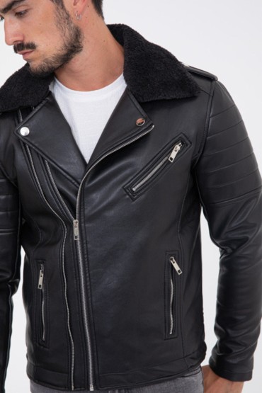 Jacheta neagra piele ecologica stil biker cu guler din blana Frilivin - 4