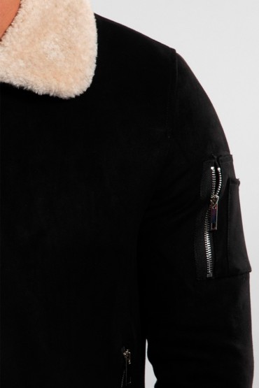 Jacheta neagra din material catifelat cu guler din blana alba Frilivin - 4